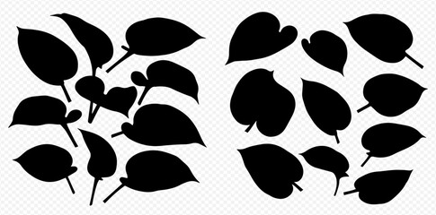 Fototapeta premium Silhouetted leaves arranged in two clusters against a neutral background.