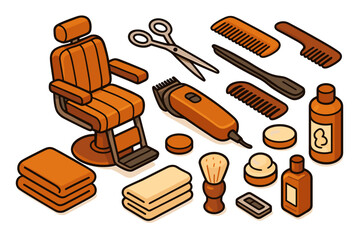 Barber tools icon set. Hairdressing and shaving gear vector set. Barber tools vector illustration with chair and accessories.