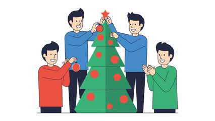 Festive Decorating: A group of friends gathering to adorn a vibrant Christmas tree with ornaments, the scene embodies the festive spirit and communal joy of the season.