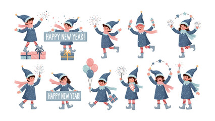 Festive New Year's Elves: Whimsical illustrations capture the essence of New Year's joy. The elves are celebrating with festive elements like fireworks, balloons and gifts. 