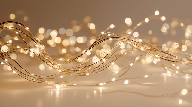 Soft, warm lights glow on a delicate copper wire strand creating a festive and elegant atmosphere, suitable for holiday decorations