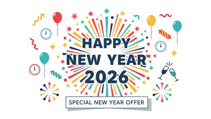 New Year Celebration: A vibrant digital illustration declaring Happy New Year 2026 framed by festive elements, radiating joy and anticipation for the coming year.