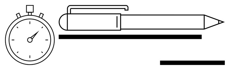 Stopwatch alongside a pen with bold lines suggesting writing tasks and timed goals. Ideal for productivity, time tracking, planning, organization, education, creativity, efficiency. Simple flat