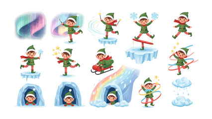Whimsical Elf Delights: An array of charming elves frolic in a winter wonderland, each engaged in unique activities like ice skating, sledding, and magical displays, bringing a touch of festive cheer.