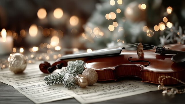 A polished violin lays on sheet music with Christmas ornaments and a snow-covered pine branch. Behind, soft, warm lights twinkle from a Christmas tree and candle, creating a cozy winter scene