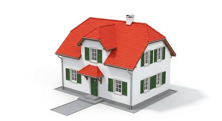 White house with red roof and green shutters on white background home building