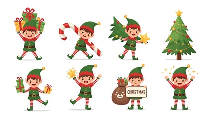 Holiday Elves Delight: A cheerful collection of elves spreads holiday joy with festive gifts, candy canes, and a decorated Christmas tree, evoking the magic of the season.