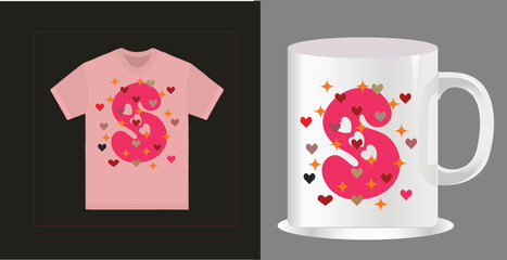 Pink t shirt and mug with letter s and hearts design