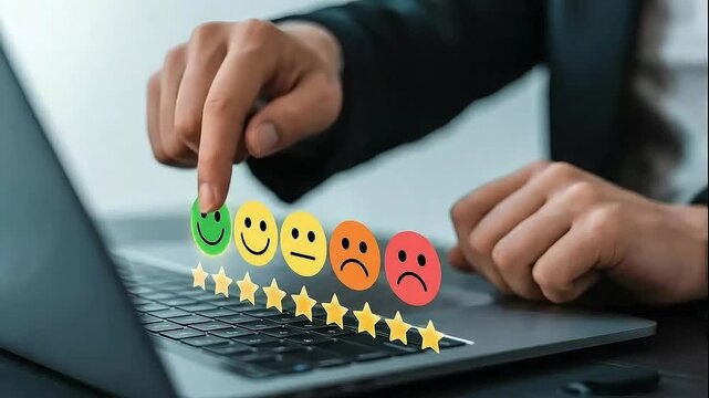 Customer Satisfaction Rating: A person using laptop selects an excellent emoji that indicates the level of customer satisfaction