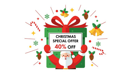 Christmas special offer: a festive illustration of santa holding a gift box with a christmas offer in the center. the image conveys holiday celebration, with the gift box prominently featured.