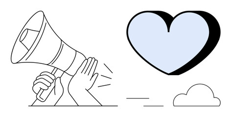 Hands holding megaphone projecting sound toward large heart and cloud. Ideal for communication, love, advocacy, social awareness, kindness, connection, positivity. Simple flat metaphor