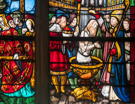 Stained glass (16th century) of Baptism of Clovis by, king of the Franks.