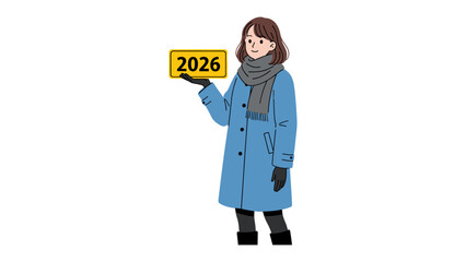 Woman in winter holding 2026 sign: A woman in a winter coat stands, presenting a sign that displays the year 2026, creating a moment of anticipation. 