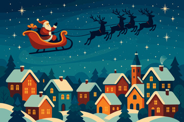Santa's Magical Night. Snowy village scene with Santa Claus flying overhead in his sleigh, pulled by reindeer. The night sky sparkles with stars, and the rooftops. Vector illustration