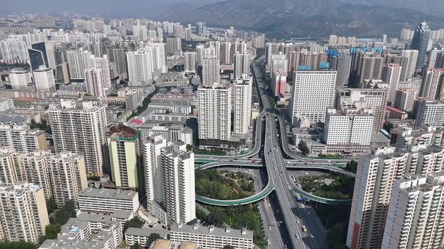 Xining City Aerial View with Elevated Viaduct and Urban Development