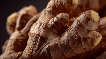 fresh ginger root with rugged texture, earthy tones, soft directional light