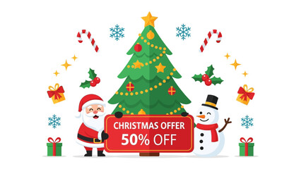 Festive Holiday Offer: A merry illustration presents a Christmas offer. The scene features a jolly figure in a red suit alongside a snowman, framed by candy canes, snowflakes.