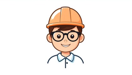 Cartoon illustration of a smiling man with glasses and a hard hat on a white background