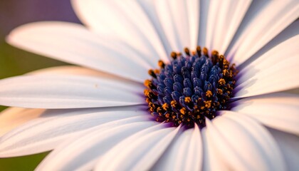 Close-up of a daisy-like flower featuring white petals and a blue-purple center with yellow accents