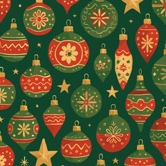 Vintage Christmas Ornaments. Nostalgic holiday pattern showcasing an array of vintage Christmas ornaments, including stars and various shaped baubles with decorative. Vector illustration