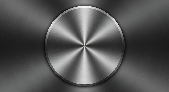 Brushed metal circular button with radial light effect on dark background - Powered by Adobe