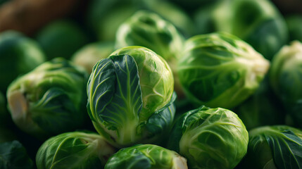 Fototapeta premium vibrant green Brussels sprouts with tight leafy structure, soft top lighting,