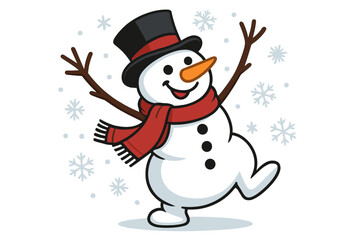 Dancing Snowman Delight. Snowman, adorned with a scarf and top hat, performing a dance move with outstretched twig arms. Snowflakes gently fall around him, adding to. Vector illustration