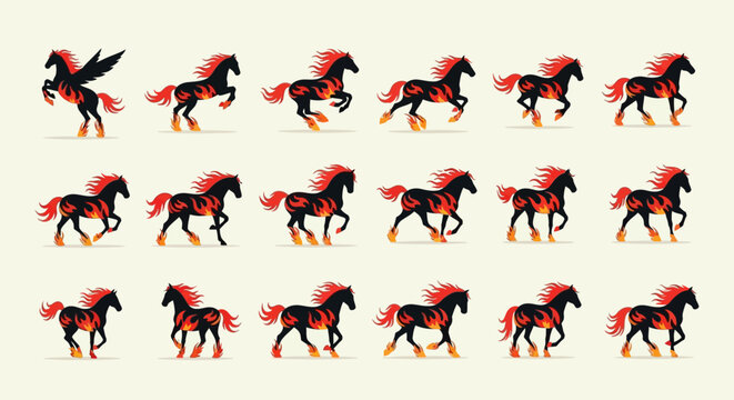 Animated spritesheet of a black horse with red mane and flames on its body in various running poses