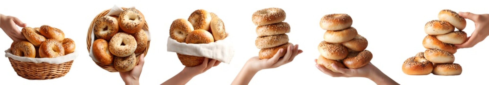 Set of hand holding soft chewy bagel bread roll, mix of seeds and seasonings, pile group stack, rattan basket, isolated transparent cutout PNG. Many different style. Mockup for design	

