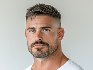 Obraz premium Confident Caucasian man with a stylish haircut and beard, exuding calm strength against a neutral background.
