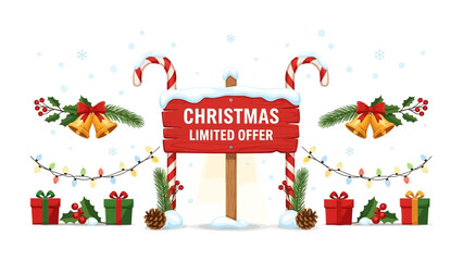 Festive Christmas Limited Offer: a charming wooden sign bearing the Christmas Limited Offer message, adorned with festive elements such as candy canes, lights, gift box, bells, and ornaments.