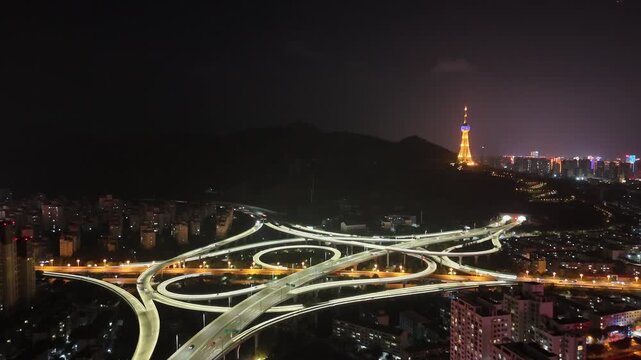 Xining Highway Overpass at Night - Aerial Traffic and City Lights