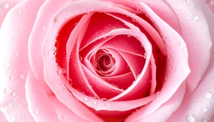 Close-up of a delicate, pastel pink rose with water droplets, showcasing its intricate petal arrangement