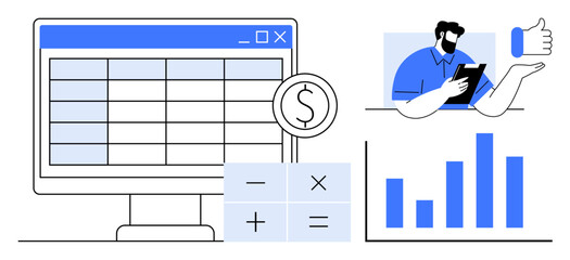 Computer screen with spreadsheet, calculator, currency icon, person using tablet, and bar chart. Ideal for accounting, finance, data analysis, budgeting business success teamwork and simple flat
