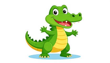 Fototapeta premium Cheerful cartoon alligator with open arms and a toothy grin stands on a light blue surface, isolated on white