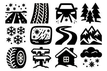Bold Winter Icons. Winter Drive silhouette icon set : snowy road, tire tracks, car headlights, pine trees, snowflakes, frosted windshield, winding path, mountain backdrop, icy tire