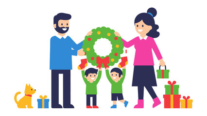 Holiday Gathering: A loving family, joined by their pet, finds joy in adorning their home with festive decorations, embodying the spirit of togetherness and warmth.