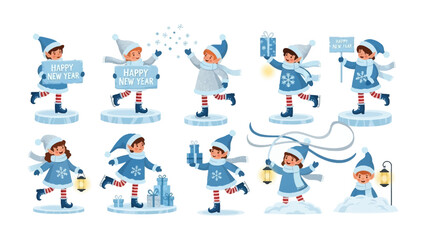 Winter Elves' Festive Frolic: A whimsical gathering of elves celebrates the New Year, each figure exuding a spirit of joyous festivity, interacting with gifts and joyful snow.