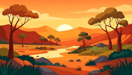 Cartoon landscape with orange hues, rolling hills, lone trees, and a winding river under a bright, soft sun