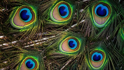 Fototapeta premium Close-up showcasing vibrant blue, green, and gold iridescent peacock feathers, arranged in a detailed repeating pattern