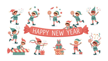 Playful Elves: A whimsical illustration captures a group of joyful elves frolicking in a festive scene, celebrating the New Year. With vibrant colors and animated energy.
