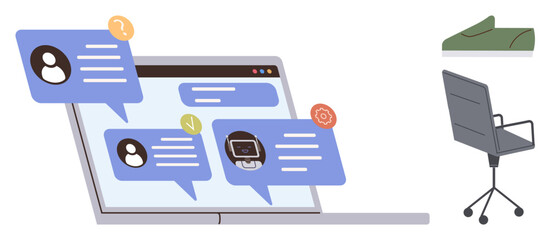Laptop screen with chat messages inside speech bubbles, office chair, and closed book. Ideal for communication, teamwork, remote work, messaging, collaboration support virtual connection. Minimal