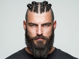 Stylish young man with braided hair and a thick beard, exuding confidence and strength.