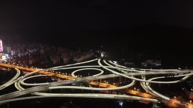 Xining Highway Overpass at Night - Aerial Traffic Footage
