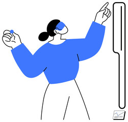Woman with bold blue elements pointing at virtual interface, holding small object. Ideal for innovation, technology, UIUX, data analysis, creativity, education virtual reality. Simple flat metaphor