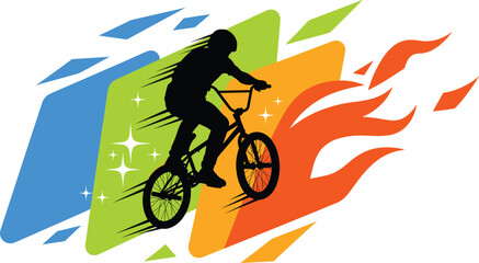 Fototapeta premium Black silhouette of a cyclist on a B M X bike with abstract colorful shapes, bmx, bicycle, cyclist, silhouette, black, bike, riding, extreme sport, action, speed, motion, dynamic, abstract, shapes, bl