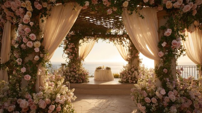 Elegant floral archway wedding scene overlooking ocean during daytime