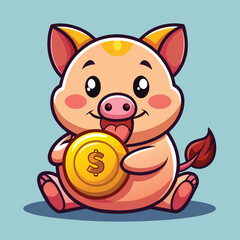 Fototapeta premium Adorable cartoon piglet happily holding a golden dollar coin symbolizing savings and wealth