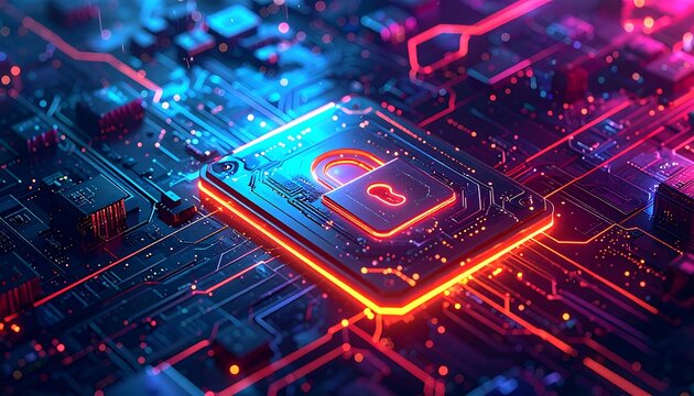Close-up of a glowing microchip with a padlock symbol, surrounded by circuit board patterns in blue and red