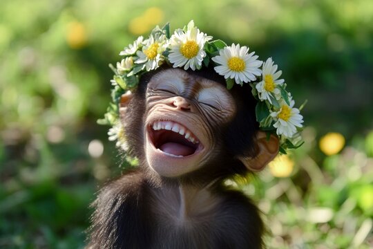 Cute baby animal baboon wearing savage flower wreath on its head. Golden sunrise. Summer happiness. Animal resting among flowers. Relaxing wild creature in a meadow. Happy wild animal in bloo. - Powered by Adobe
